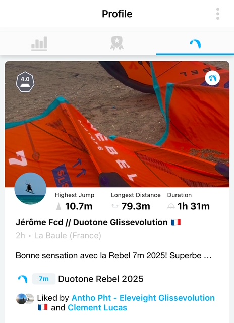 Aperçu des statistiques de la session de Jérôme Fourcade avec l'aile de kite Rebel SLS 2025.