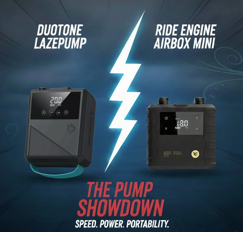 Comparatif pompes électriques kite et wing : Duotone Lazepump vs Ride Engine Airbox Mini - The Pump Showdown